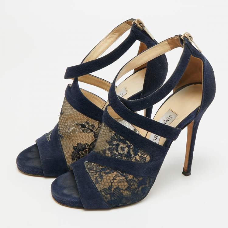 Pre Owned Jimmy Choo Vantage Size 37 Black Mesh and Suede Ankle Strap Sandals