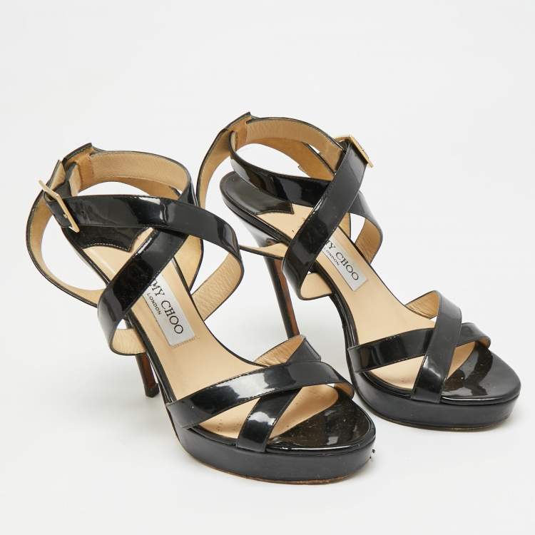 Pre Owned Jimmy Choo Louise Size 39 Black Patent Leather Ankle Strap Sandals