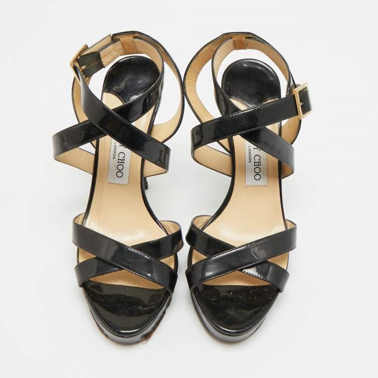 Pre Owned Jimmy Choo Louise Size 39 Black Patent Leather Ankle Strap Sandals