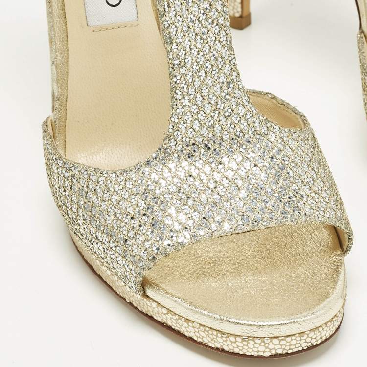 مملوكة مسبقًا Jimmy Choo Lana 120 Size 39 Gold Glitter T Strap Sandals