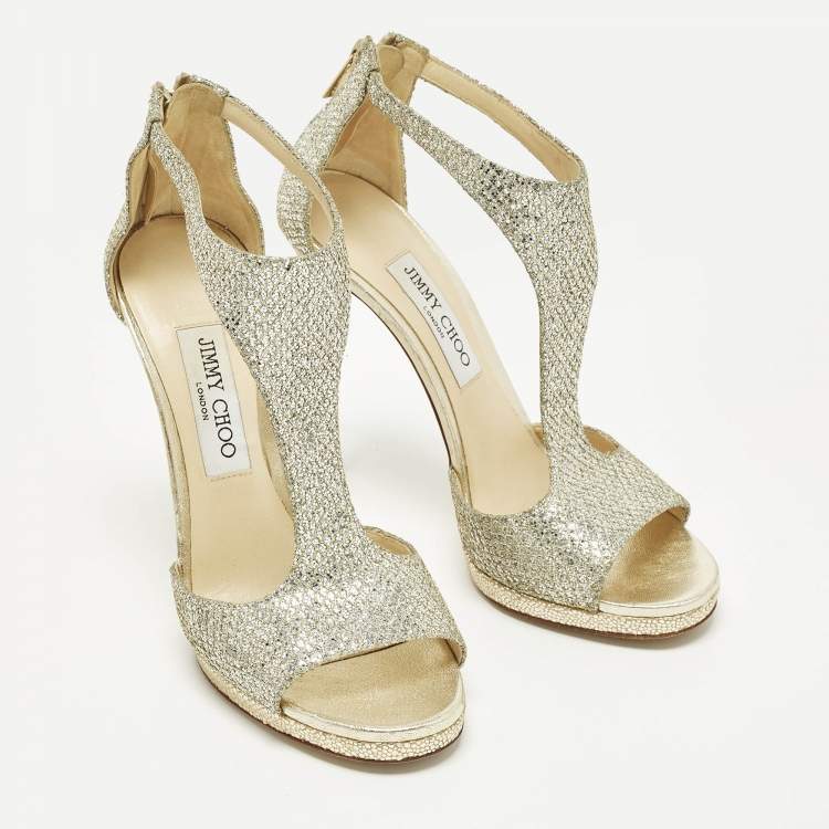 مملوكة مسبقًا Jimmy Choo Lana 120 Size 39 Gold Glitter T Strap Sandals