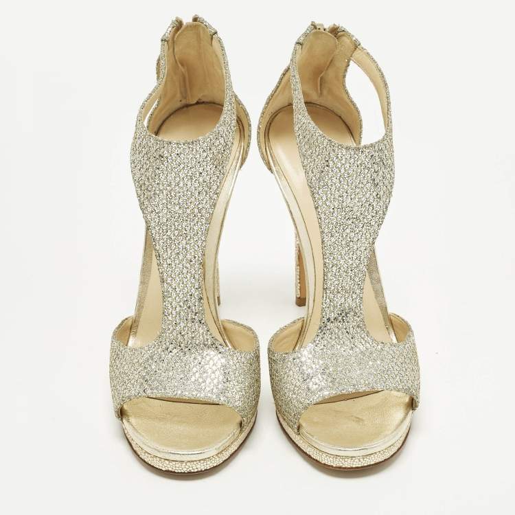 مملوكة مسبقًا Jimmy Choo Lana 120 Size 39 Gold Glitter T Strap Sandals