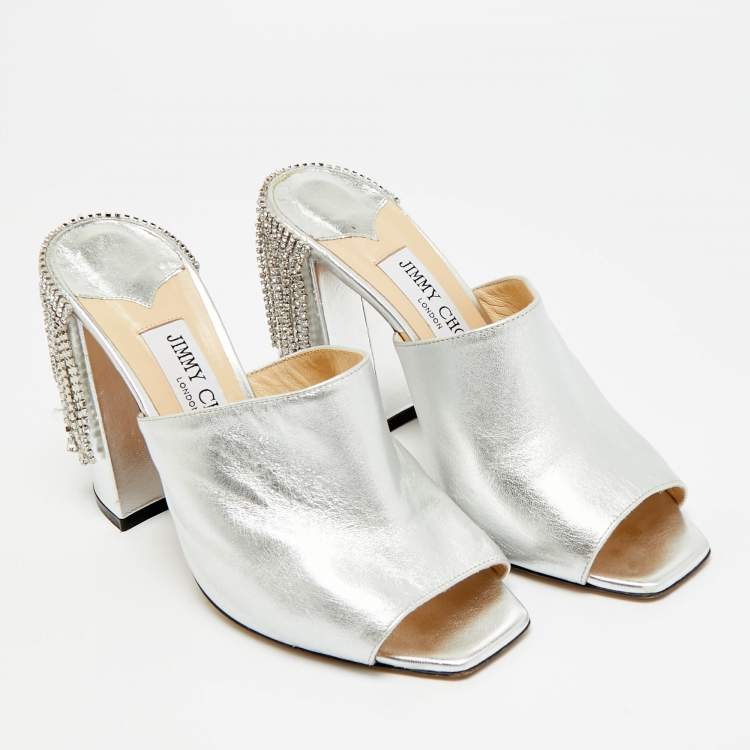 Pre Owned Jimmy Choo Baia Size 38 Silver Leather Mules