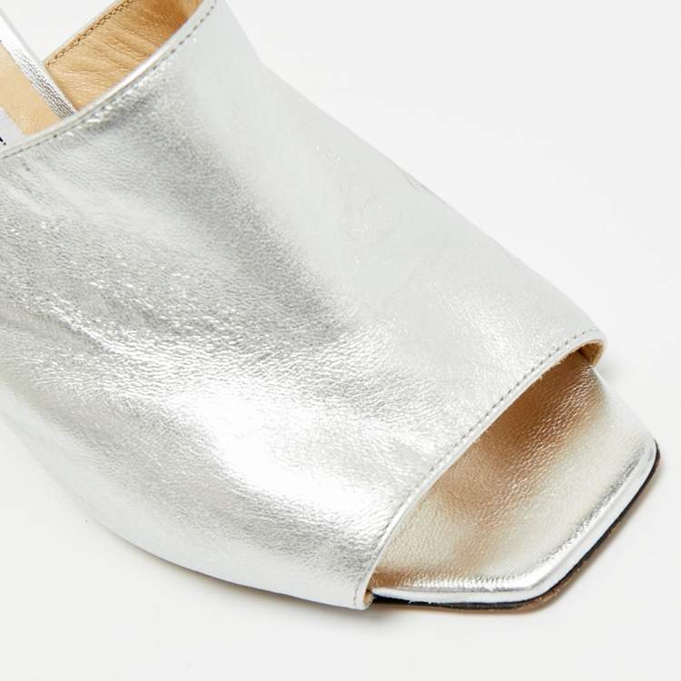 Pre Owned Jimmy Choo Baia Size 38 Silver Leather Mules