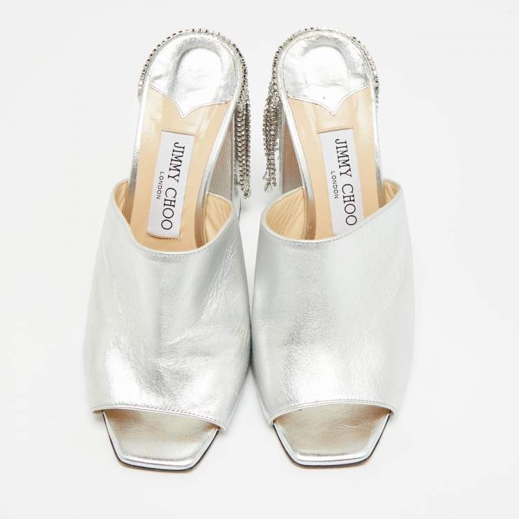 Pre Owned Jimmy Choo Baia Size 38 Silver Leather Mules
