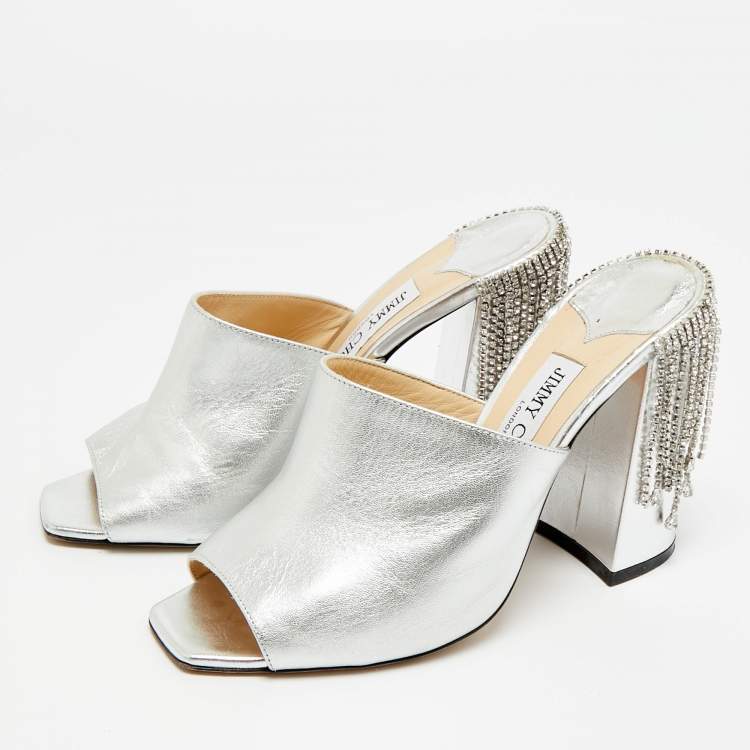 Pre Owned Jimmy Choo Baia Size 38 Silver Leather Mules