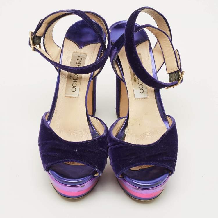Pre Owned Jimmy Choo Size 38 Purple Velvet Platform Ankle Wrap Sandals