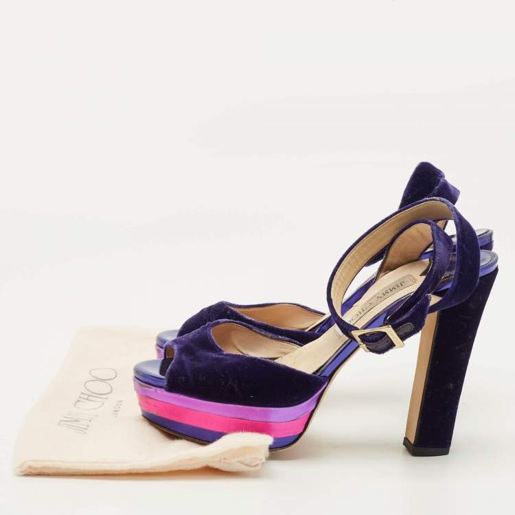 Pre Owned Jimmy Choo Size 38 Purple Velvet Platform Ankle Wrap Sandals