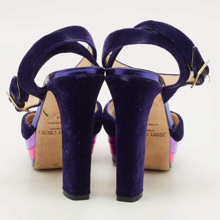 Pre Owned Jimmy Choo Size 38 Purple Velvet Platform Ankle Wrap Sandals