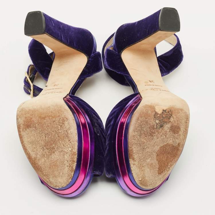 Pre Owned Jimmy Choo Size 38 Purple Velvet Platform Ankle Wrap Sandals