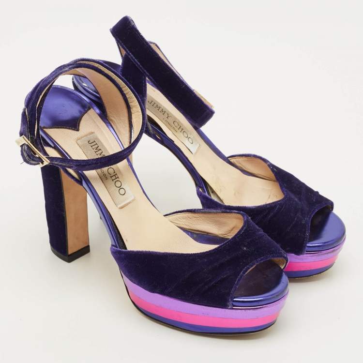Pre Owned Jimmy Choo Size 38 Purple Velvet Platform Ankle Wrap Sandals