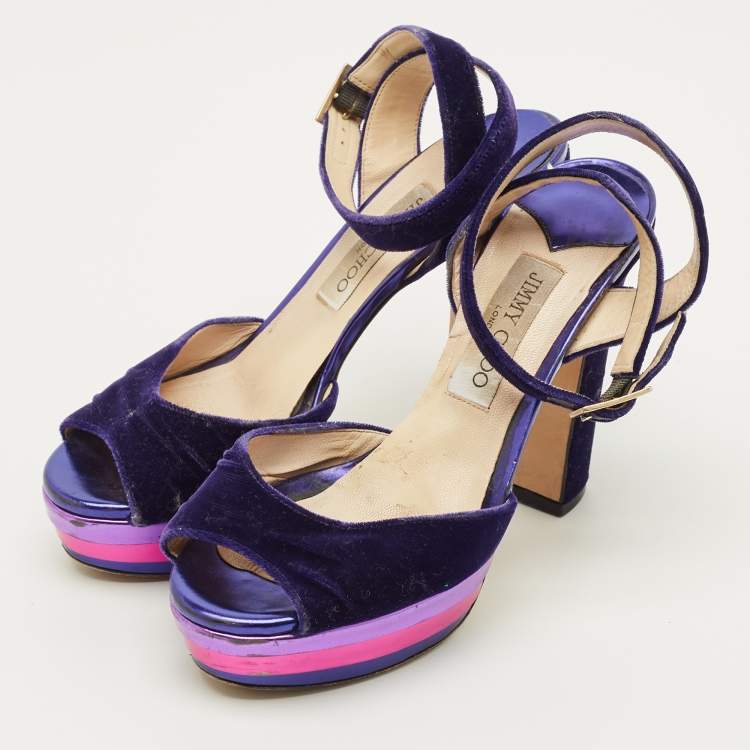 Pre Owned Jimmy Choo Size 38 Purple Velvet Platform Ankle Wrap Sandals