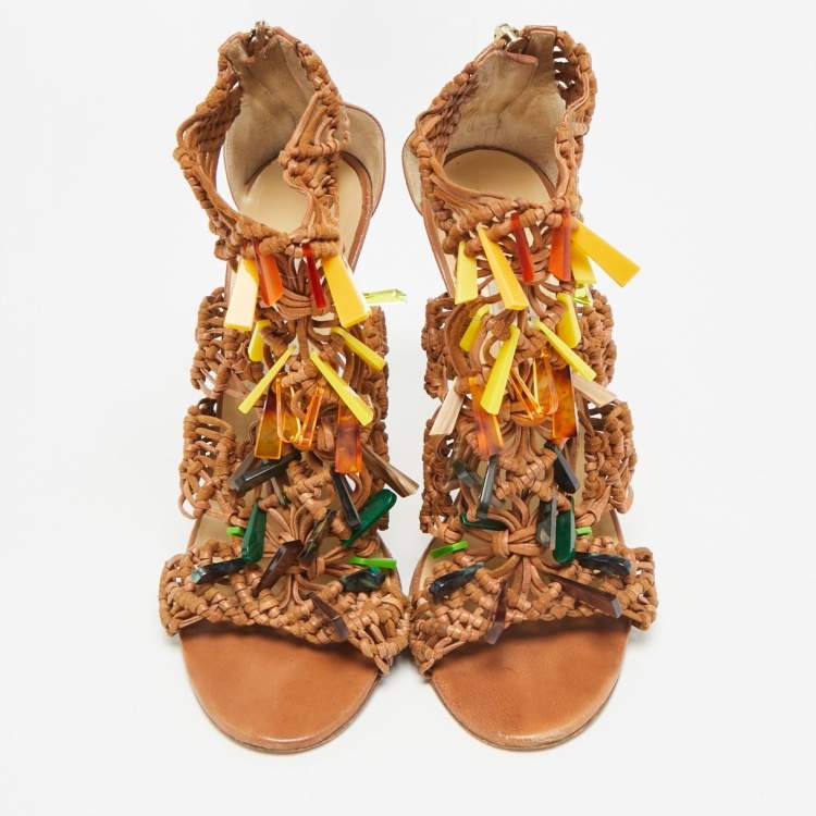 Pre Owned Jimmy Choo Iris Size 38 Brown Macramé Leather and Suede Embellishment Ankle Strap Sandals