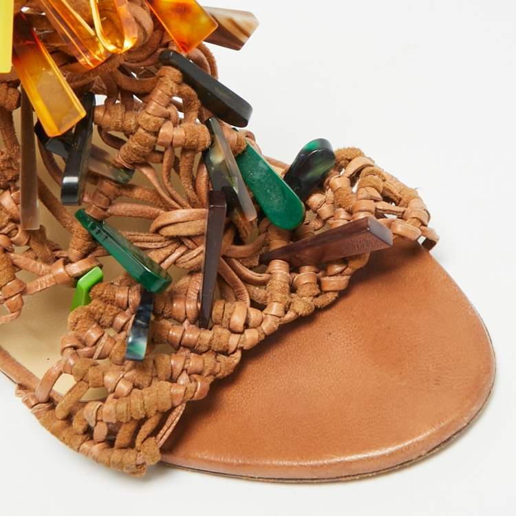 Pre Owned Jimmy Choo Iris Size 38 Brown Macramé Leather and Suede Embellishment Ankle Strap Sandals