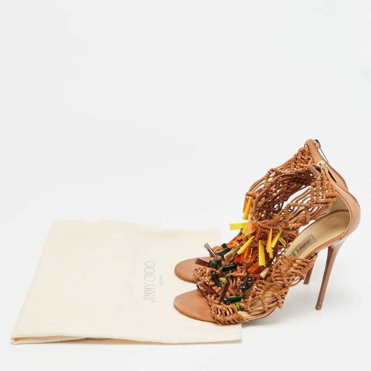 Pre Owned Jimmy Choo Iris Size 38 Brown Macramé Leather and Suede Embellishment Ankle Strap Sandals