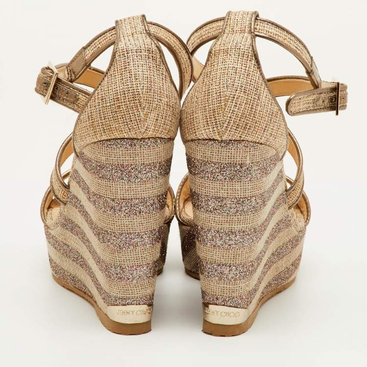 Pre Owned Jimmy Choo Size 39 Metallic Mesh and Leather Cross Strap Platform Wedge Sandals