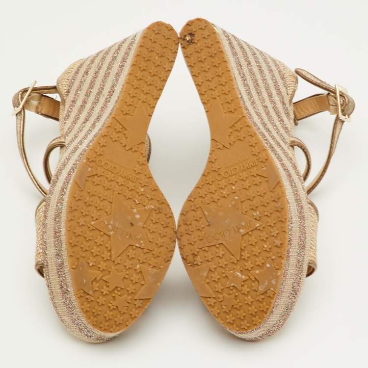 Pre Owned Jimmy Choo Size 39 Metallic Mesh and Leather Cross Strap Platform Wedge Sandals