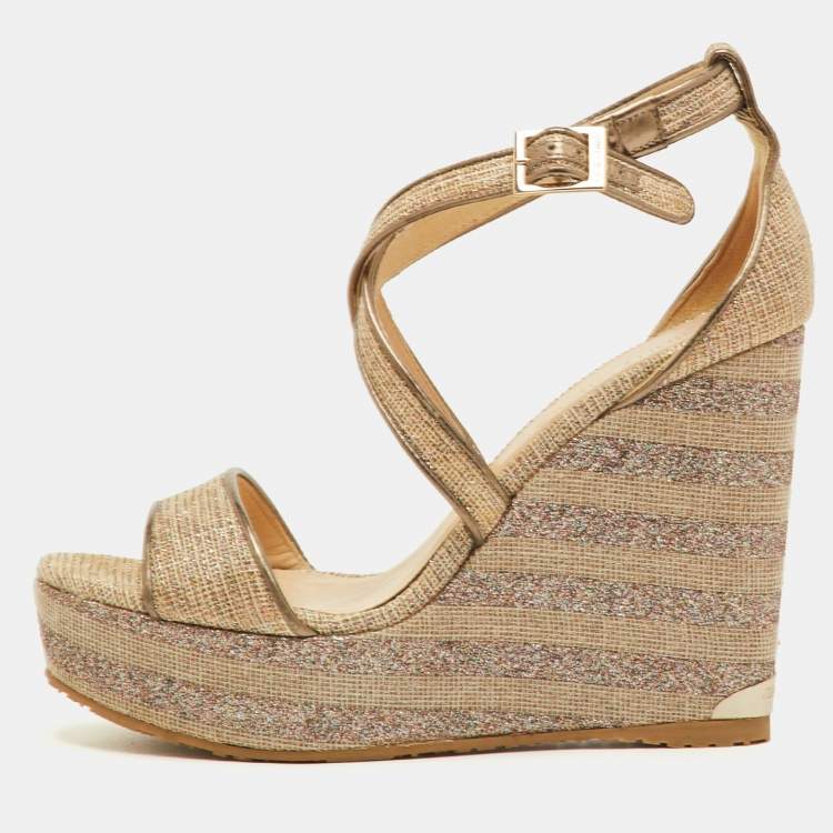Pre Owned Jimmy Choo Size 39 Metallic Mesh and Leather Cross Strap Platform Wedge Sandals