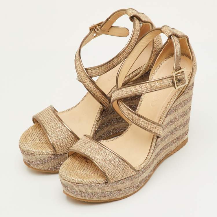 Pre Owned Jimmy Choo Size 39 Metallic Mesh and Leather Cross Strap Platform Wedge Sandals