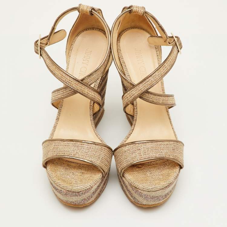 Pre Owned Jimmy Choo Size 39 Metallic Mesh and Leather Cross Strap Platform Wedge Sandals