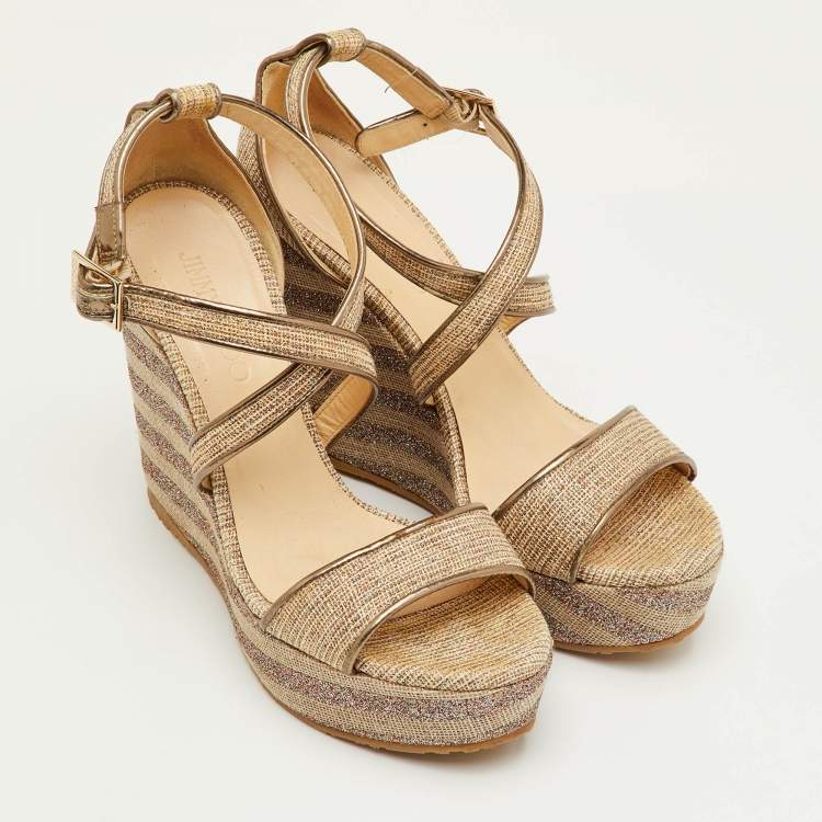 Pre Owned Jimmy Choo Size 39 Metallic Mesh and Leather Cross Strap Platform Wedge Sandals