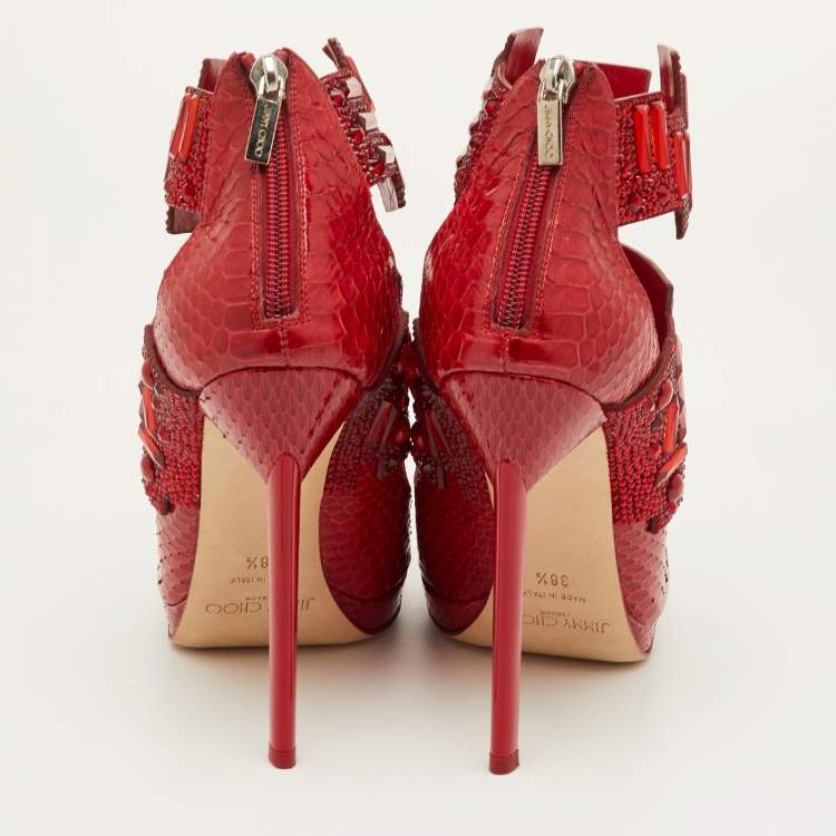 Pre Owned Jimmy Choo Jing Size 38.5 Red Snakeskin Leather Crystal Embellished Ankle Booties