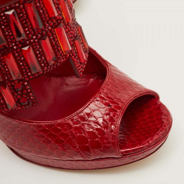Pre Owned Jimmy Choo Jing Size 38.5 Red Snakeskin Leather Crystal Embellished Ankle Booties