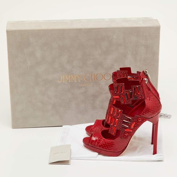 Pre Owned Jimmy Choo Jing Size 38.5 Red Snakeskin Leather Crystal Embellished Ankle Booties