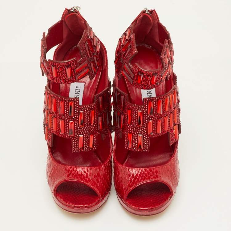 Pre Owned Jimmy Choo Jing Size 38.5 Red Snakeskin Leather Crystal Embellished Ankle Booties
