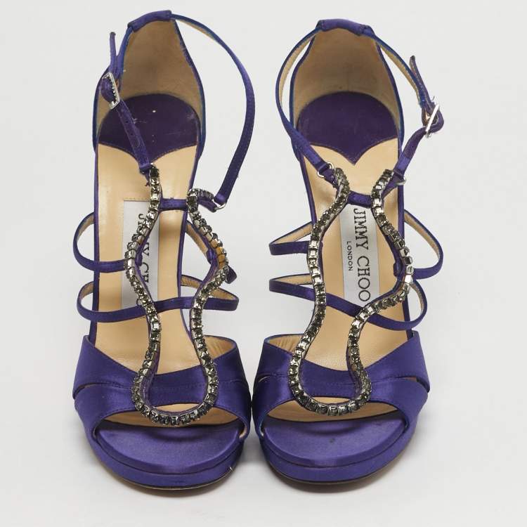 Pre Owned Jimmy Choo Size 37 Purple Satin Crystal Embellished Ankle Strap Sandals