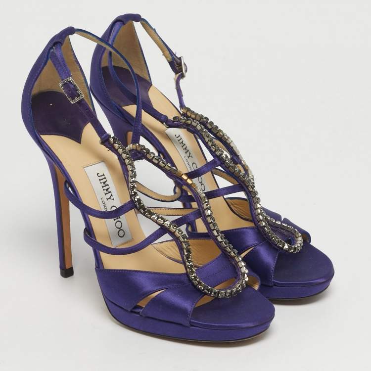 Pre Owned Jimmy Choo Size 37 Purple Satin Crystal Embellished Ankle Strap Sandals