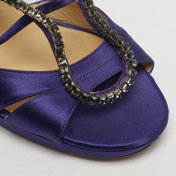 Pre Owned Jimmy Choo Size 37 Purple Satin Crystal Embellished Ankle Strap Sandals