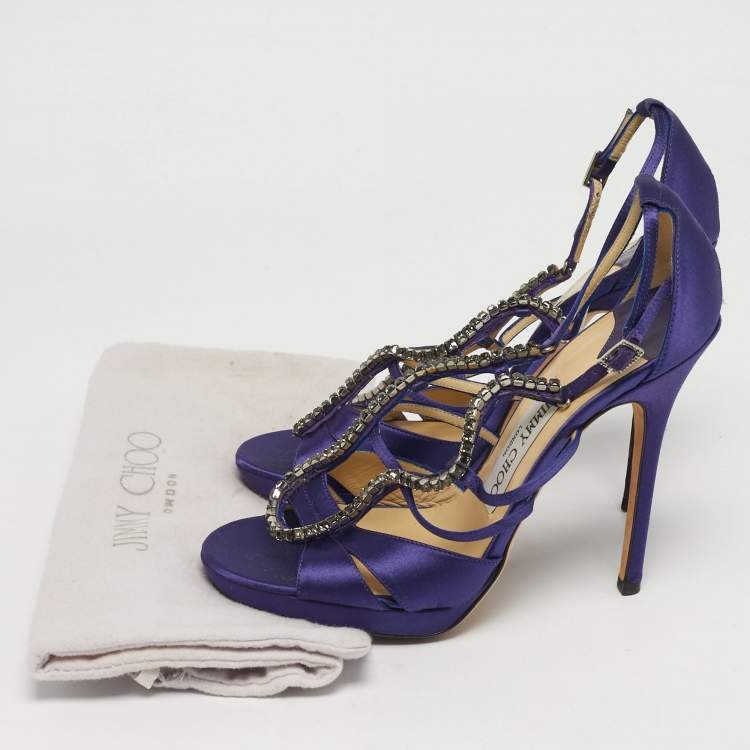 Pre Owned Jimmy Choo Size 37 Purple Satin Crystal Embellished Ankle Strap Sandals