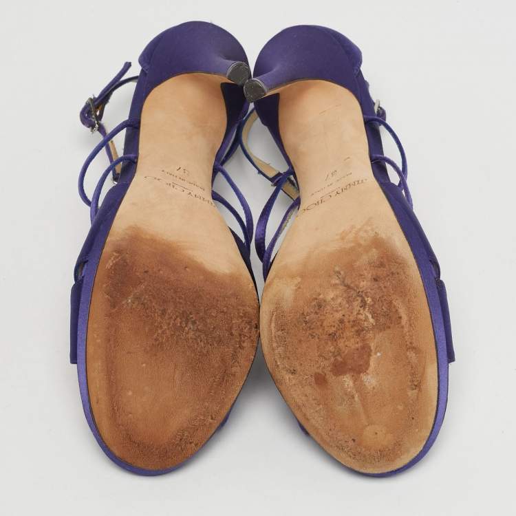 Pre Owned Jimmy Choo Size 37 Purple Satin Crystal Embellished Ankle Strap Sandals