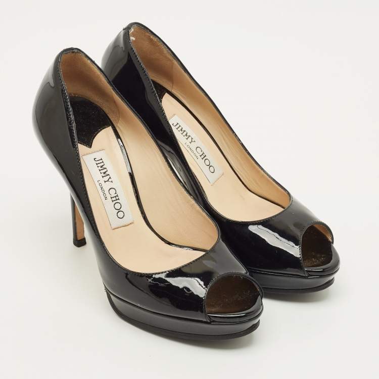 Pre Owned Jimmy Choo Crown Size 35 Black Patent Leather Platform Pumps
