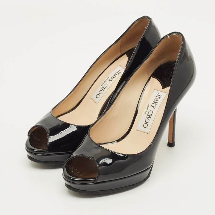 Pre Owned Jimmy Choo Crown Size 35 Black Patent Leather Platform Pumps