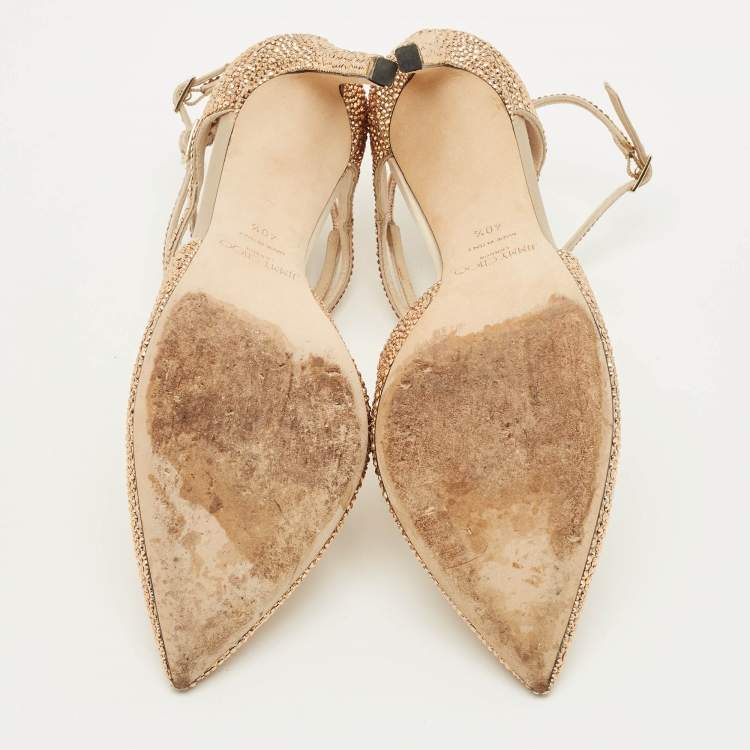 Pre Owned Jimmy Choo Lancer Size 40.5 Beige Satin Crystal Embellished Pumps