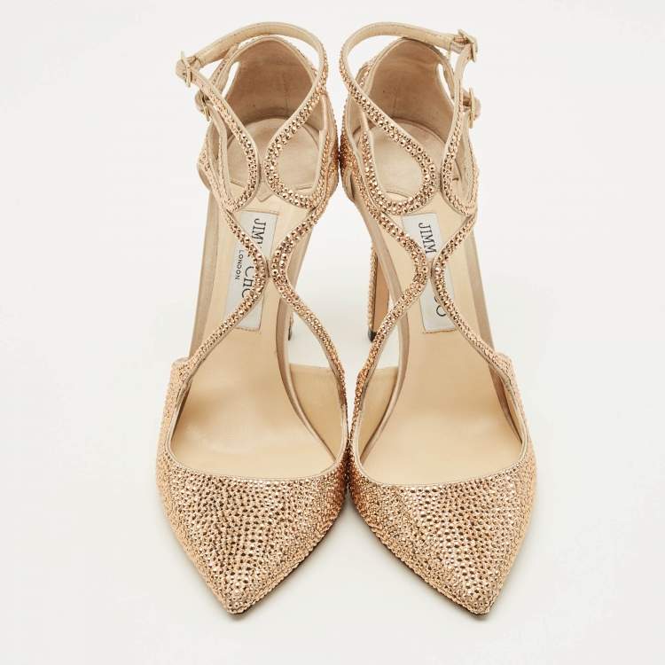 Pre Owned Jimmy Choo Lancer Size 40.5 Beige Satin Crystal Embellished Pumps