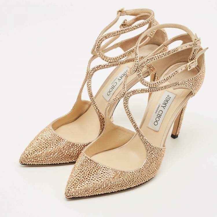 Pre Owned Jimmy Choo Lancer Size 40.5 Beige Satin Crystal Embellished Pumps