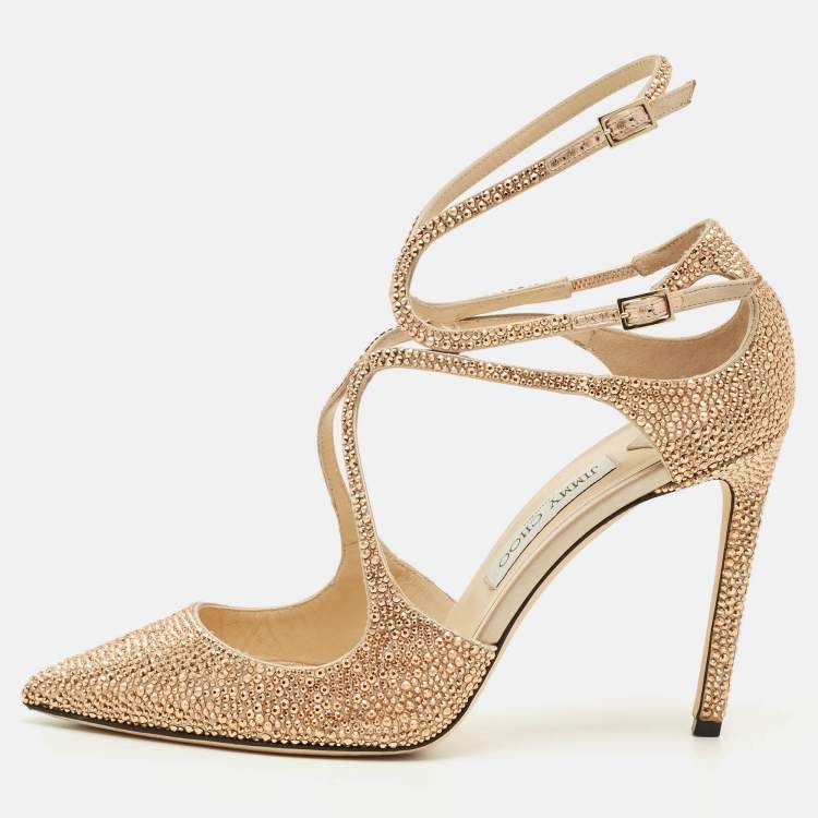 Pre Owned Jimmy Choo Lancer Size 40.5 Beige Satin Crystal Embellished Pumps