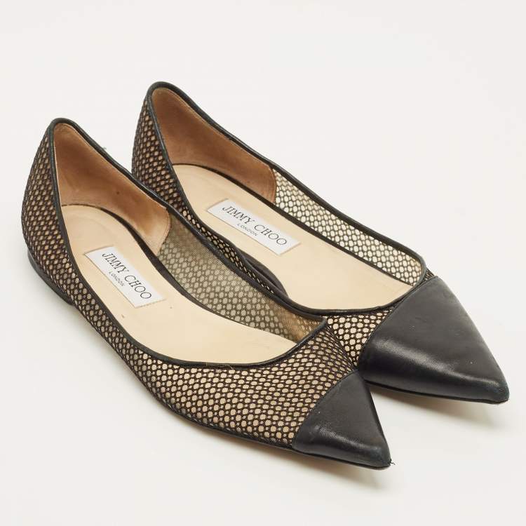 Pre Owned Jimmy Choo Love Size 40 Black Leather and Net Pointed Toe Ballet Flats