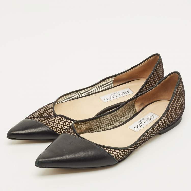 Pre Owned Jimmy Choo Love Size 40 Black Leather and Net Pointed Toe Ballet Flats