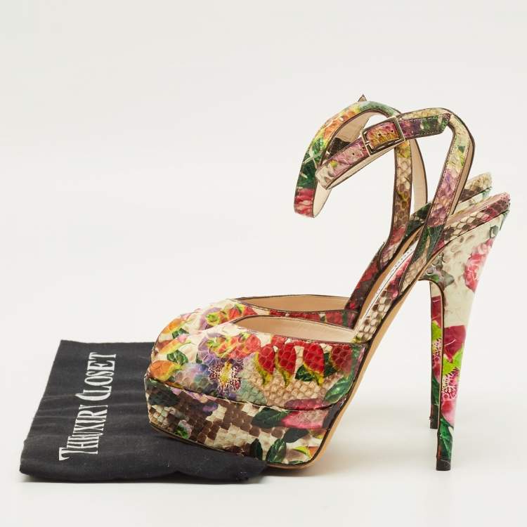 Pre Owned Jimmy Choo Rosie Size 37.5 Multicolor Python Leather Peep Toe Pumps