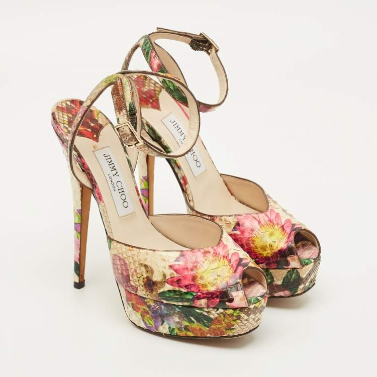 Pre Owned Jimmy Choo Rosie Size 37.5 Multicolor Python Leather Peep Toe Pumps