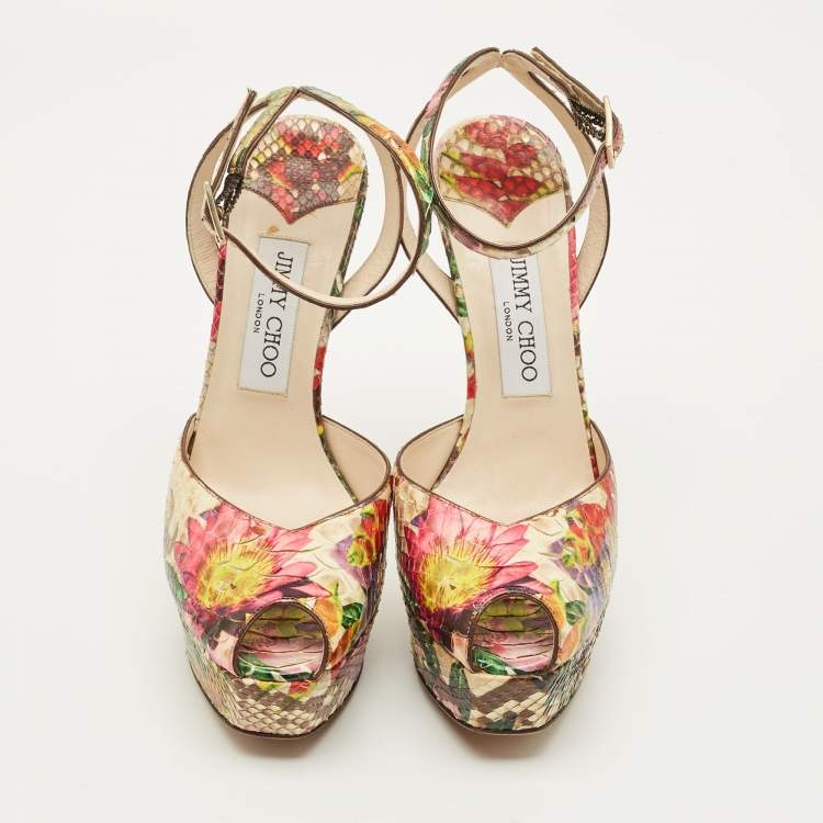 Pre Owned Jimmy Choo Rosie Size 37.5 Multicolor Python Leather Peep Toe Pumps