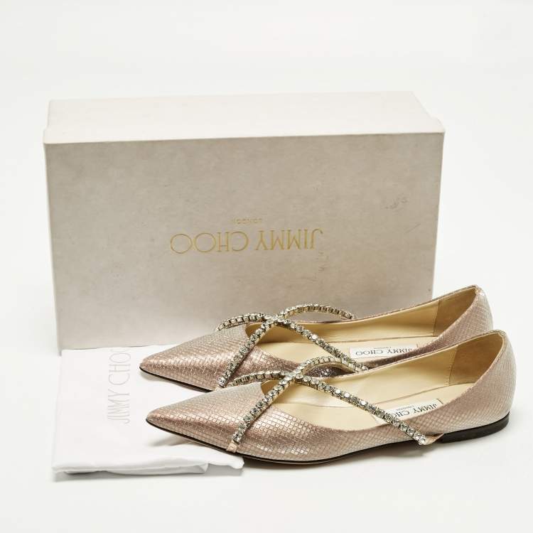 Pre Owned Jimmy Choo Genevi Size 39 Beige Glitter Crystal Embellished Ballet Flats