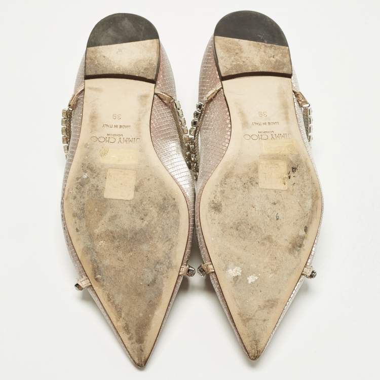 Pre Owned Jimmy Choo Genevi Size 39 Beige Glitter Crystal Embellished Ballet Flats