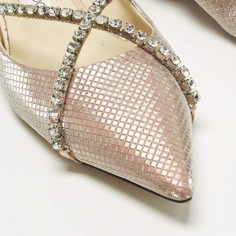 Pre Owned Jimmy Choo Genevi Size 39 Beige Glitter Crystal Embellished Ballet Flats