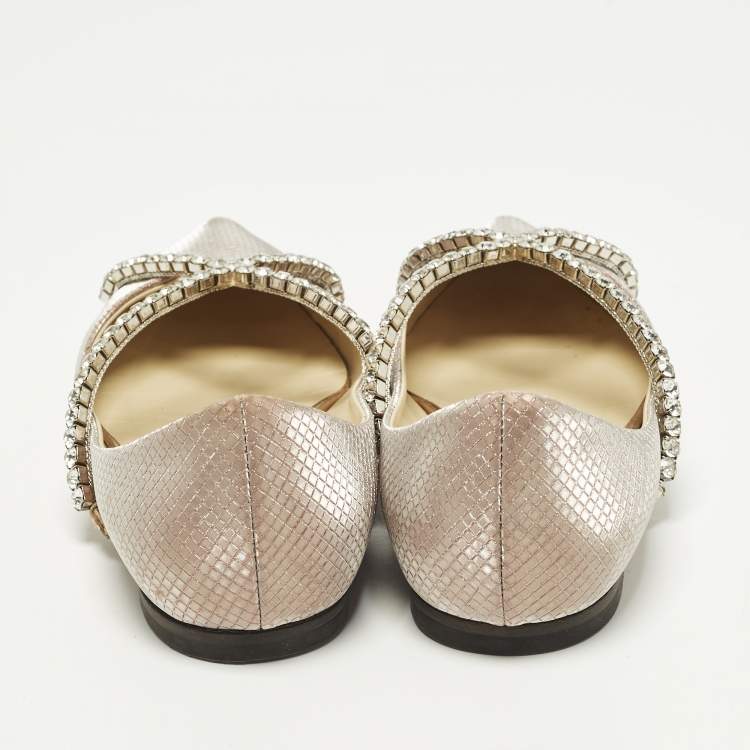 Pre Owned Jimmy Choo Genevi Size 39 Beige Glitter Crystal Embellished Ballet Flats