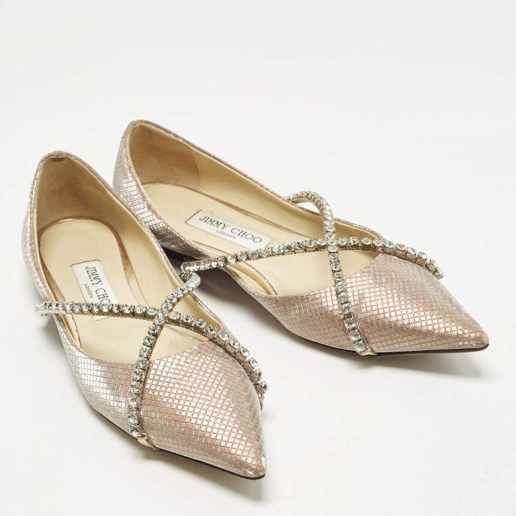 Pre Owned Jimmy Choo Genevi Size 39 Beige Glitter Crystal Embellished Ballet Flats